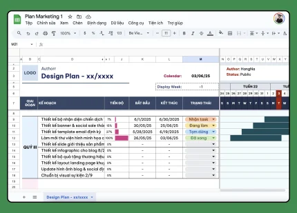 Template Google Sheet quản lý kế hoạch thiết kế marketing, có timeline, tiến độ, trạng thái và tự tính phần trăm hoàn thành công việc.